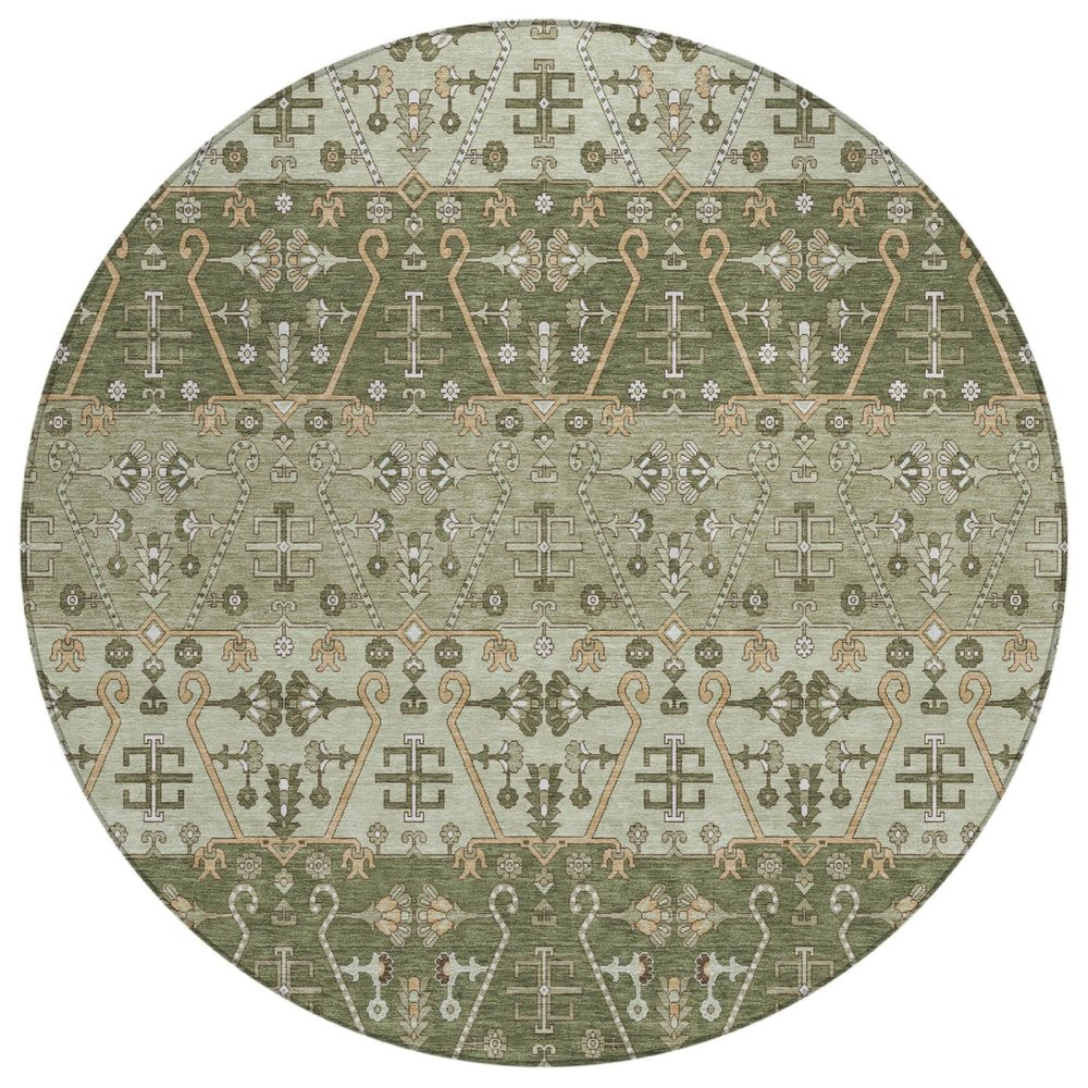 8' Olive Green And Green Round Oriental Washable Indoor Outdoor Area Rug HomeRoots