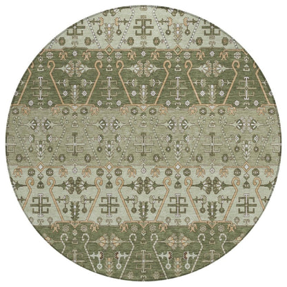 8' Olive Green And Green Round Oriental Washable Indoor Outdoor Area Rug HomeRoots