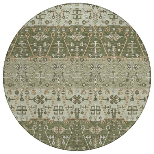 8' Olive Green And Green Round Oriental Washable Indoor Outdoor Area Rug