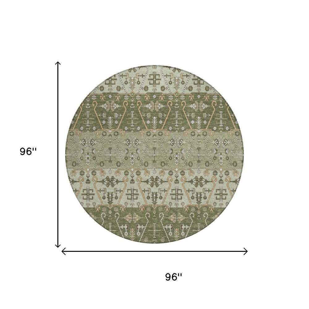 8' Olive Green And Green Round Oriental Washable Indoor Outdoor Area Rug — view 4