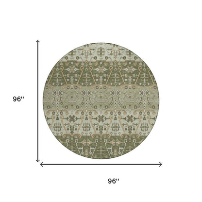 8' Olive Green And Green Round Oriental Washable Indoor Outdoor Area Rug HomeRoots