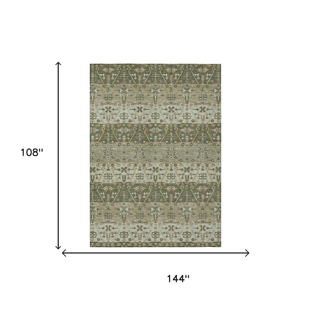 9' X 12' Olive Green And Green Oriental Washable Indoor Outdoor Area Rug — view 5