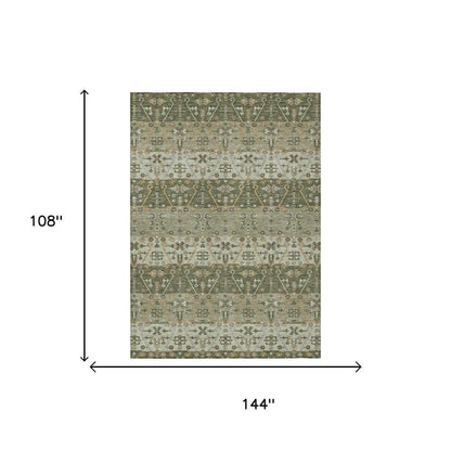9' X 12' Olive Green And Green Oriental Washable Indoor Outdoor Area Rug