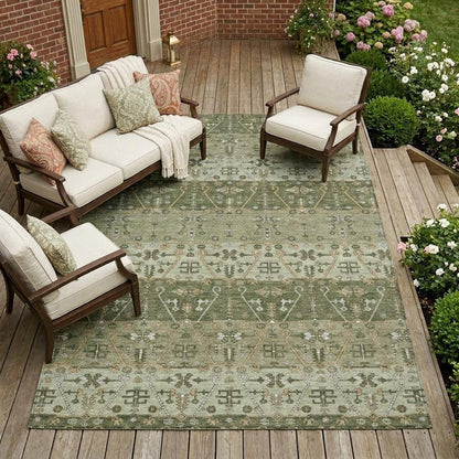 9' X 12' Olive Green And Green Oriental Washable Indoor Outdoor Area Rug HomeRoots