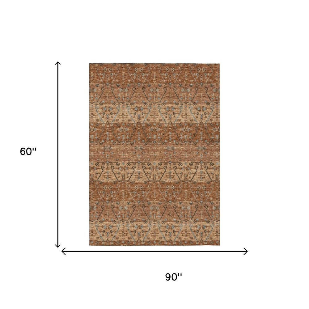 5' X 8' Orange And Brown Oriental Washable Indoor Outdoor Area Rug HomeRoots