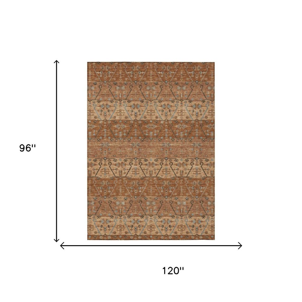 8' X 10' Orange And Brown Oriental Washable Indoor Outdoor Area Rug — view 4