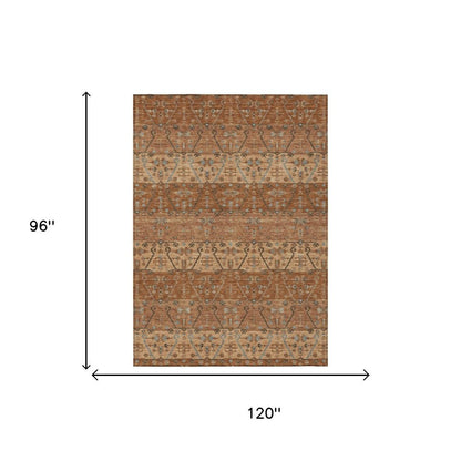 8' X 10' Orange And Brown Oriental Washable Indoor Outdoor Area Rug