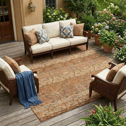 8' X 10' Orange And Brown Oriental Washable Indoor Outdoor Area Rug
