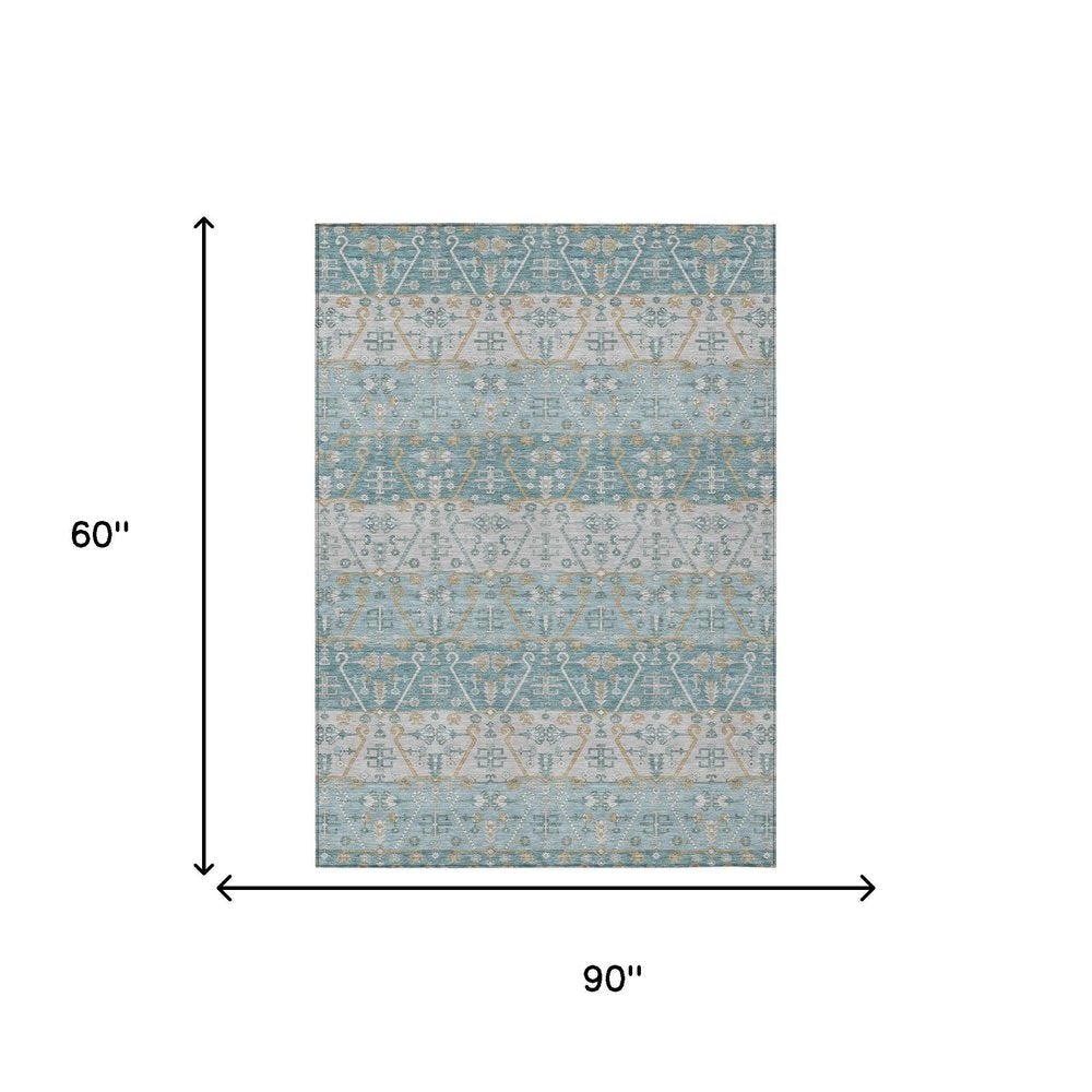 5' X 8' Teal Blue And Silver Oriental Washable Indoor Outdoor Area Rug HomeRoots