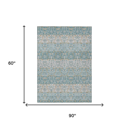 5' X 8' Teal Blue And Silver Oriental Washable Indoor Outdoor Area Rug HomeRoots