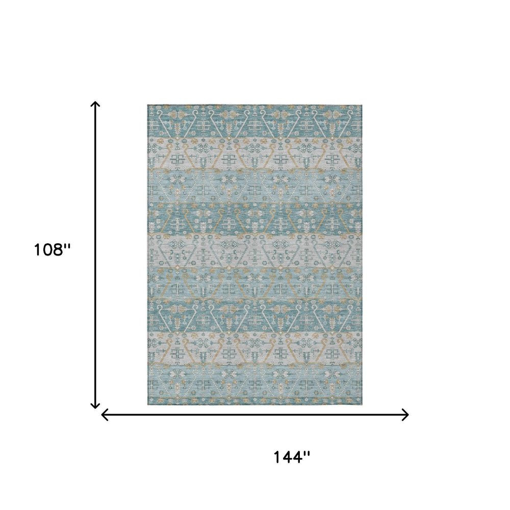 9' X 12' Teal Blue And Silver Oriental Washable Indoor Outdoor Area Rug HomeRoots