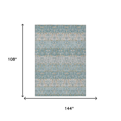 9' X 12' Teal Blue And Silver Oriental Washable Indoor Outdoor Area Rug HomeRoots