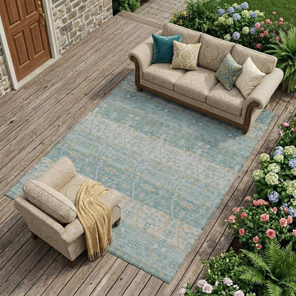 9' X 12' Teal Blue And Silver Oriental Washable Indoor Outdoor Area Rug — view 5