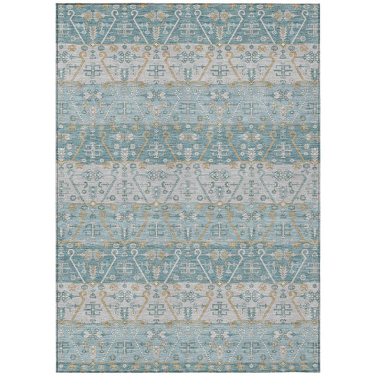 9' X 12' Teal Blue And Silver Oriental Washable Indoor Outdoor Area Rug