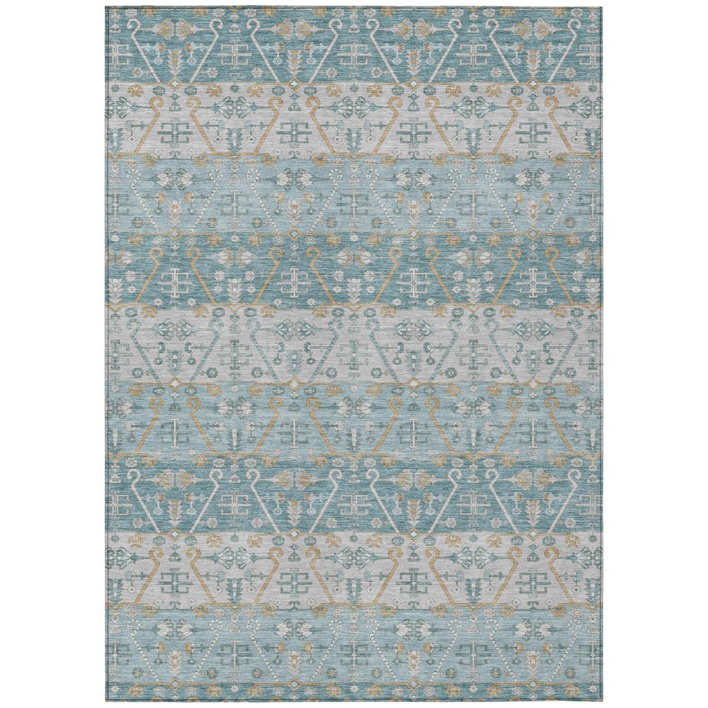 9' X 12' Teal Blue And Silver Oriental Washable Indoor Outdoor Area Rug — view 1