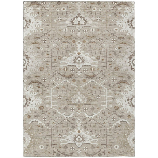 5' X 8' Beige And Brown Oriental Washable Indoor Outdoor Area Rug