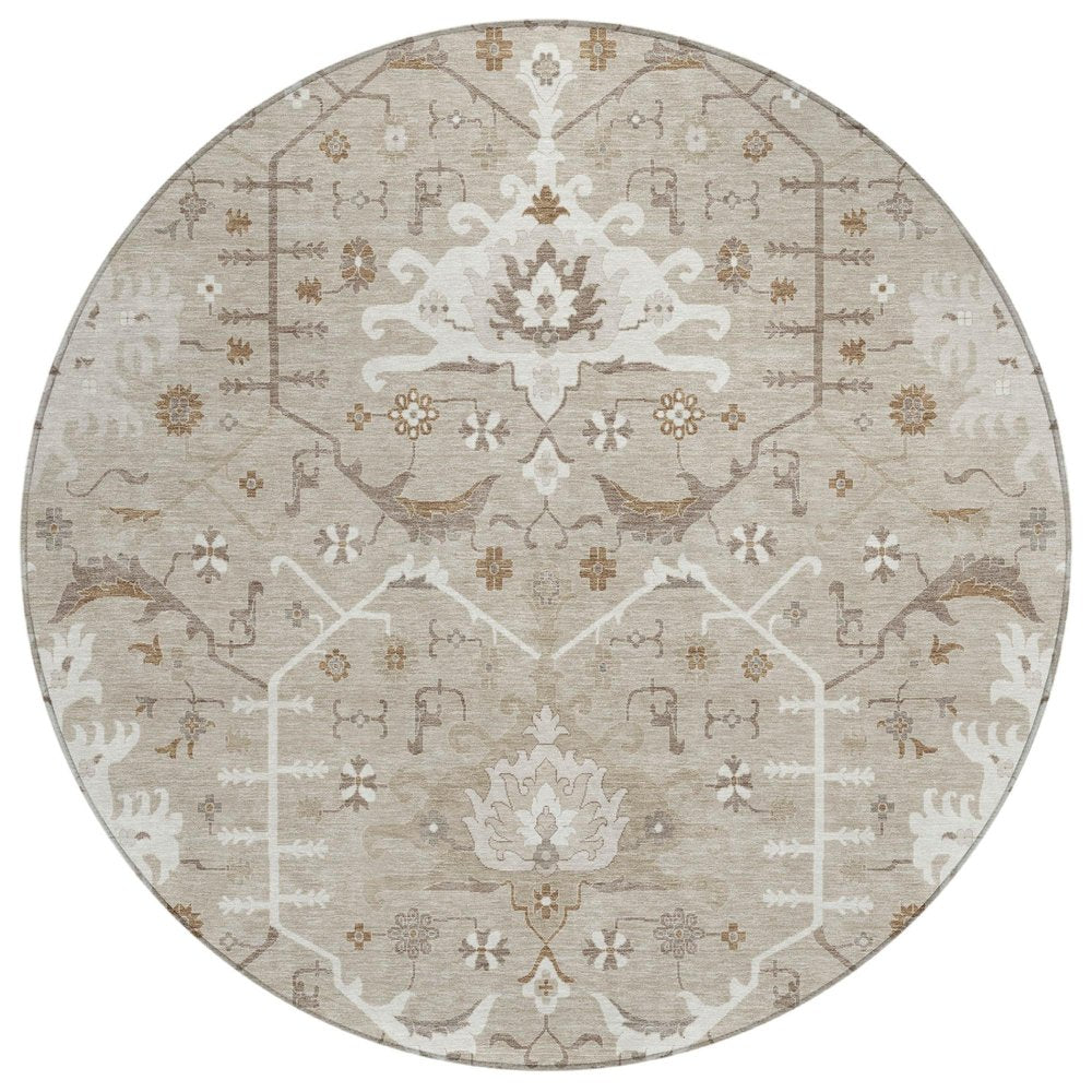 8' Beige And Brown Round Oriental Washable Indoor Outdoor Area Rug HomeRoots