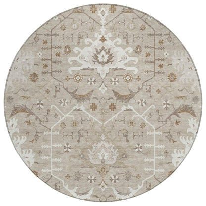 8' Beige And Brown Round Oriental Washable Indoor Outdoor Area Rug HomeRoots