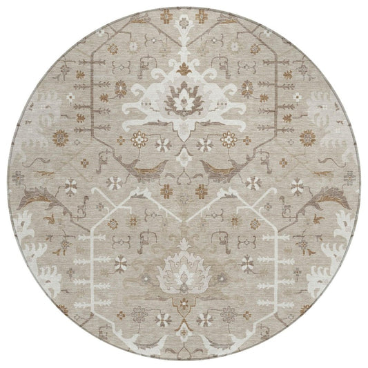 8' Beige And Brown Round Oriental Washable Indoor Outdoor Area Rug
