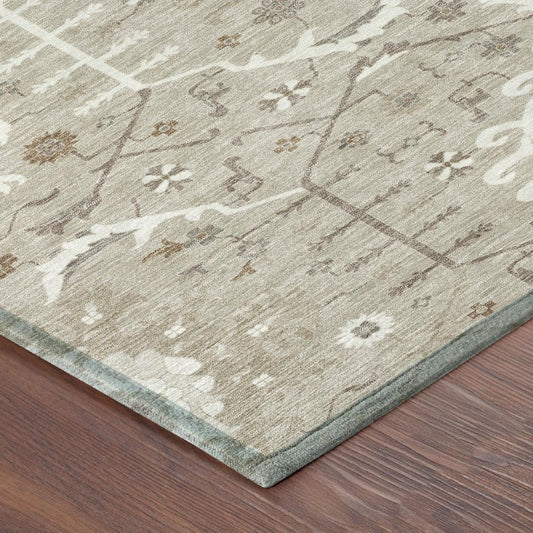 8' Beige And Brown Round Oriental Washable Indoor Outdoor Area Rug
