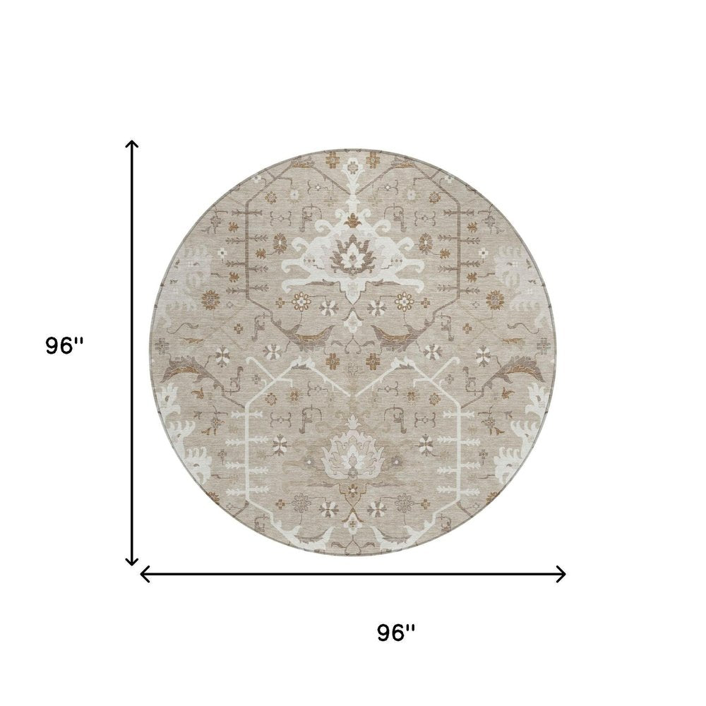 8' Beige And Brown Round Oriental Washable Indoor Outdoor Area Rug HomeRoots