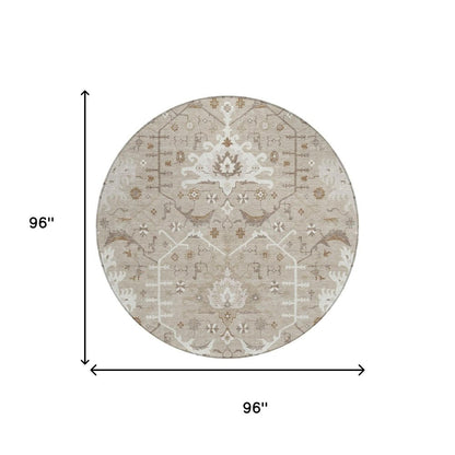 8' Beige And Brown Round Oriental Washable Indoor Outdoor Area Rug HomeRoots