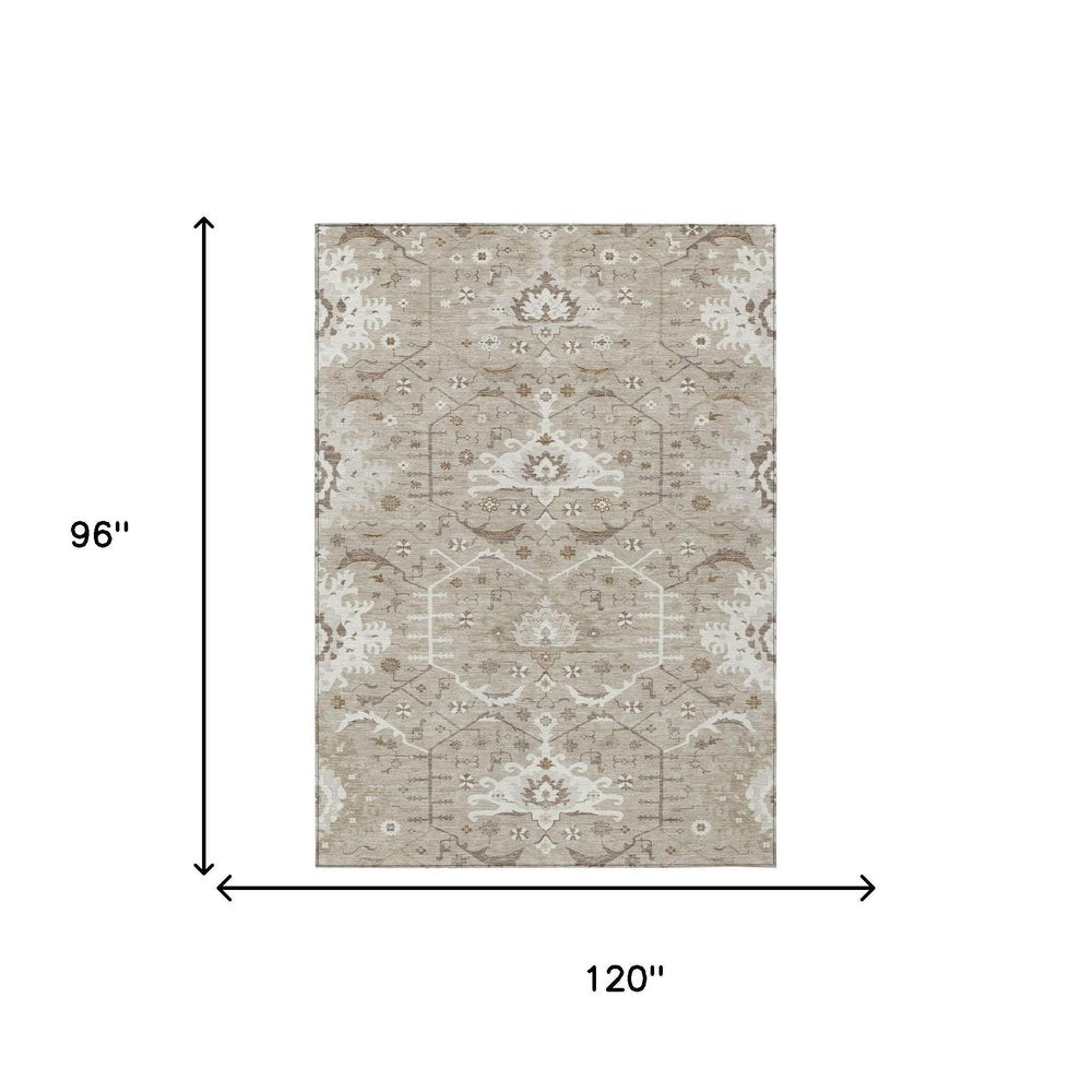 8' X 10' Beige And Brown Oriental Washable Indoor Outdoor Area Rug HomeRoots