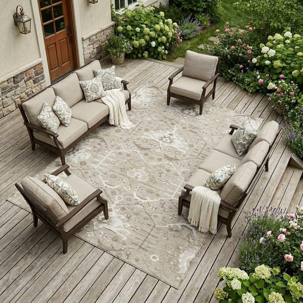 8' X 10' Beige And Brown Oriental Washable Indoor Outdoor Area Rug HomeRoots