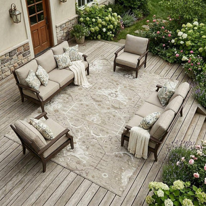 8' X 10' Beige And Brown Oriental Washable Indoor Outdoor Area Rug HomeRoots
