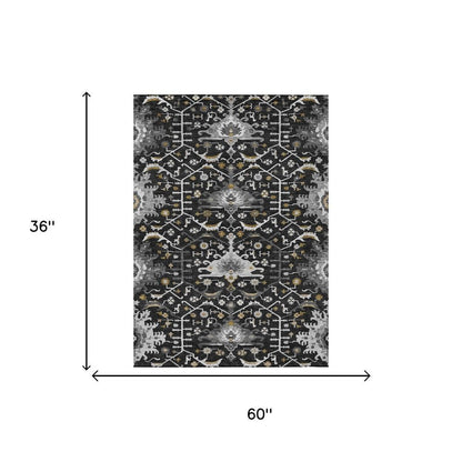3' X 5' Black And Graphite Oriental Washable Indoor Outdoor Area Rug HomeRoots