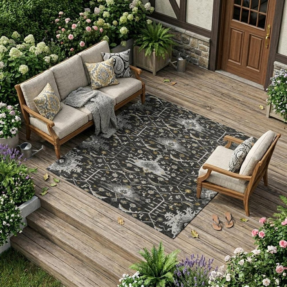 10' X 14' Black And Graphite Oriental Washable Indoor Outdoor Area Rug HomeRoots