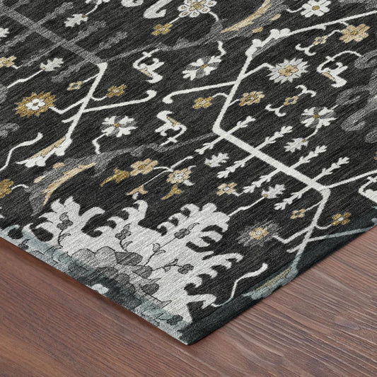 10' X 14' Black And Graphite Oriental Washable Indoor Outdoor Area Rug