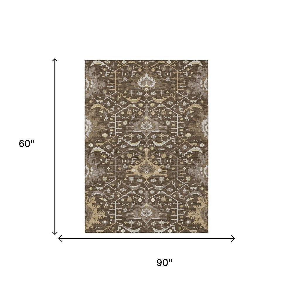 5' X 8' Chocolate And Brown Oriental Washable Indoor Outdoor Area Rug — view 4