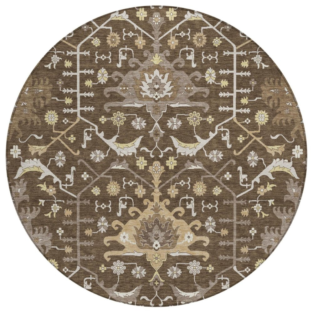 8' Chocolate And Brown Round Oriental Washable Indoor Outdoor Area Rug — view 1