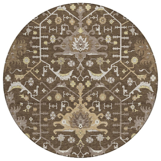 8' Chocolate And Brown Round Oriental Washable Indoor Outdoor Area Rug
