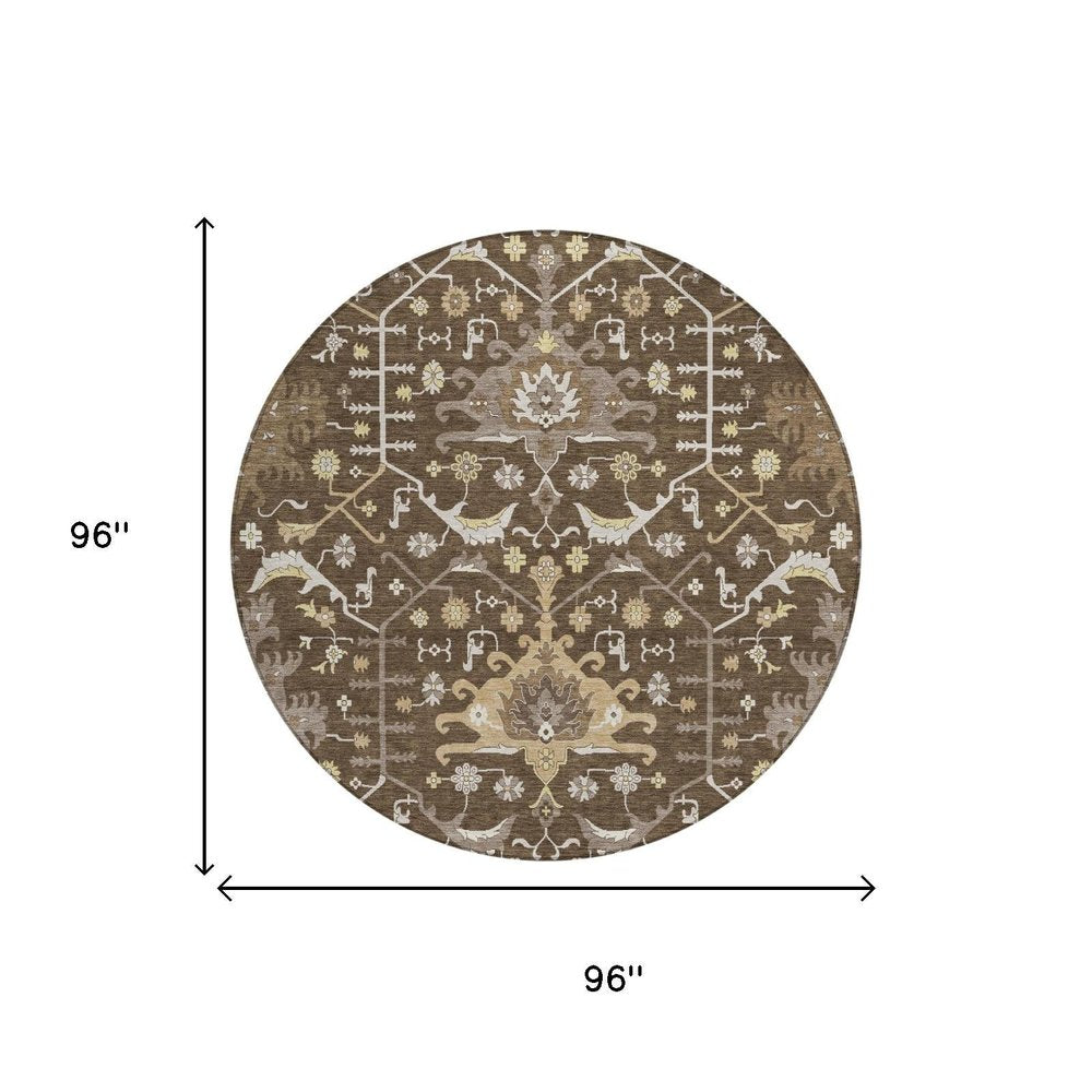 8' Chocolate And Brown Round Oriental Washable Indoor Outdoor Area Rug — view 9