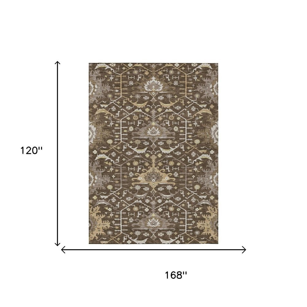 10' X 14' Chocolate And Brown Oriental Washable Indoor Outdoor Area Rug — view 4