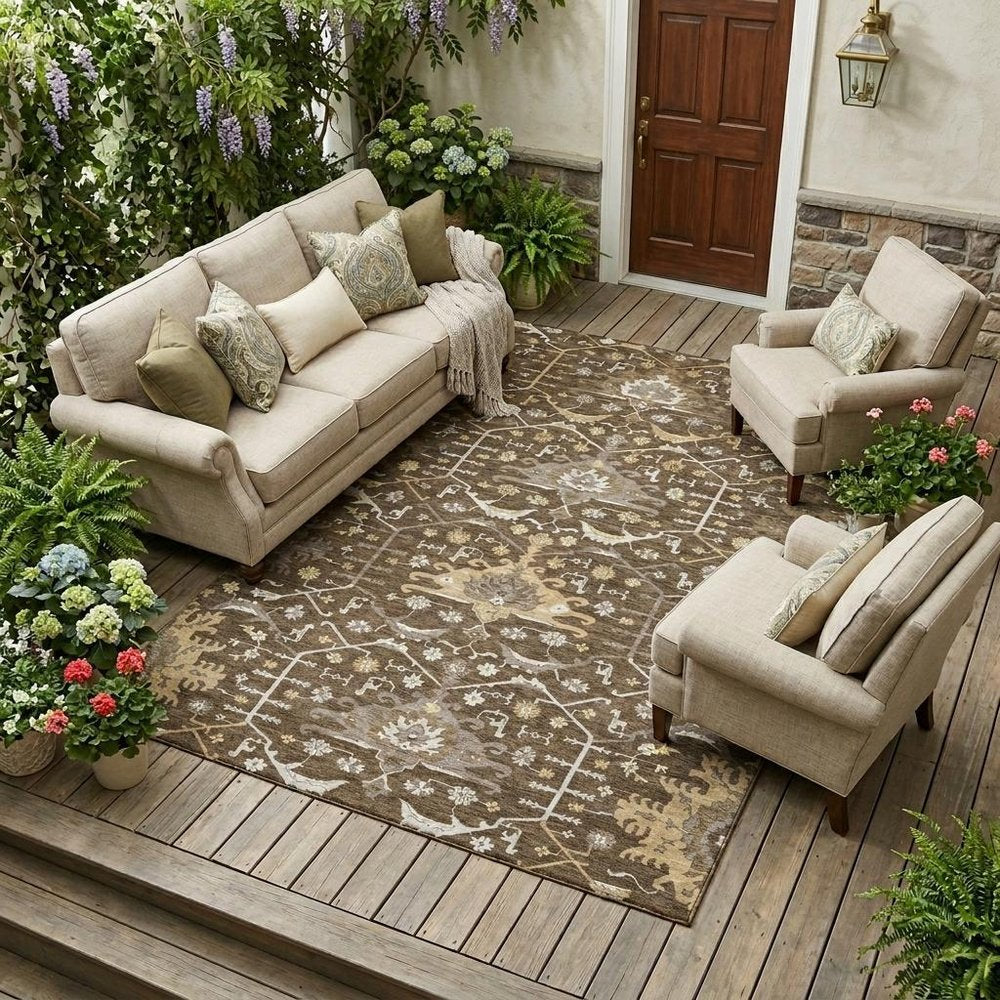 10' X 14' Chocolate And Brown Oriental Washable Indoor Outdoor Area Rug — view 5