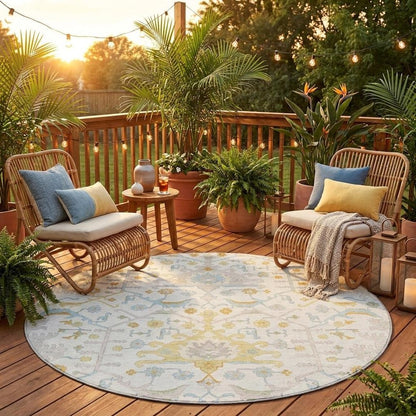 8' Ivory And Linen Round Oriental Washable Indoor Outdoor Area Rug HomeRoots