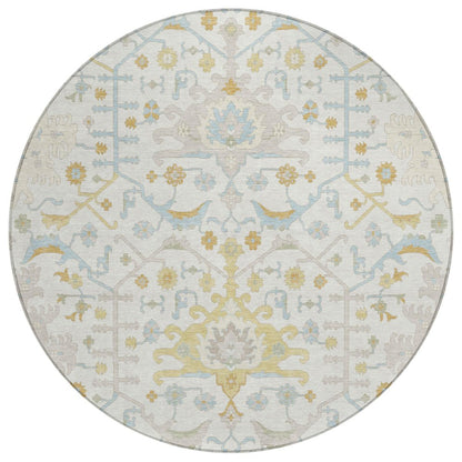8' Ivory And Linen Round Oriental Washable Indoor Outdoor Area Rug HomeRoots