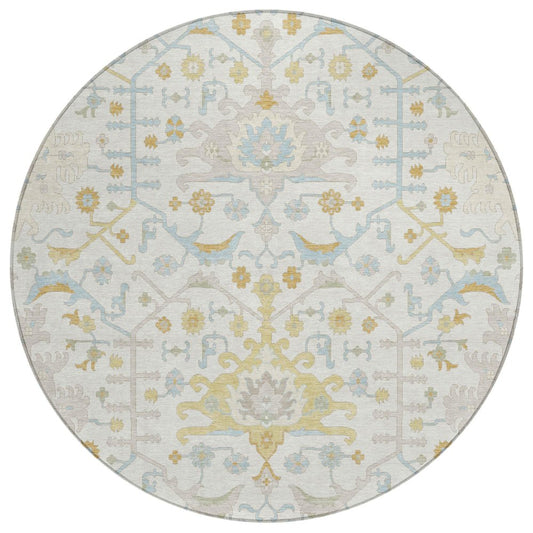 8' Ivory And Linen Round Oriental Washable Indoor Outdoor Area Rug
