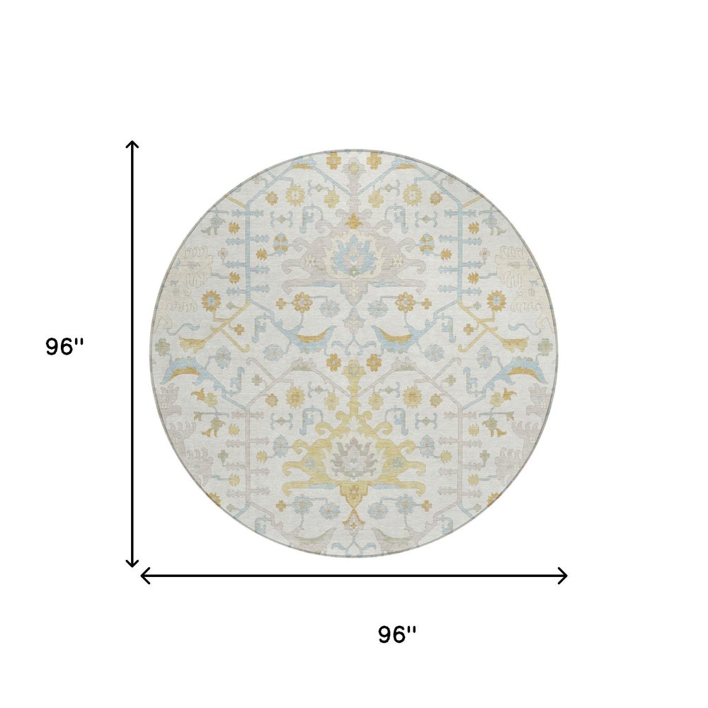 8' Ivory And Linen Round Oriental Washable Indoor Outdoor Area Rug — view 4