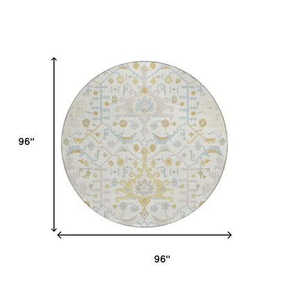 8' Ivory And Linen Round Oriental Washable Indoor Outdoor Area Rug HomeRoots