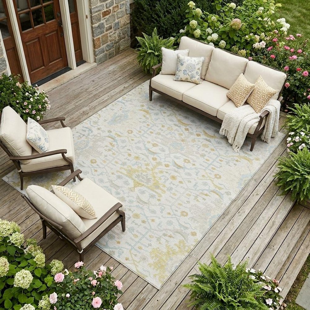 10' X 14' Ivory And Linen Oriental Washable Indoor Outdoor Area Rug — view 5