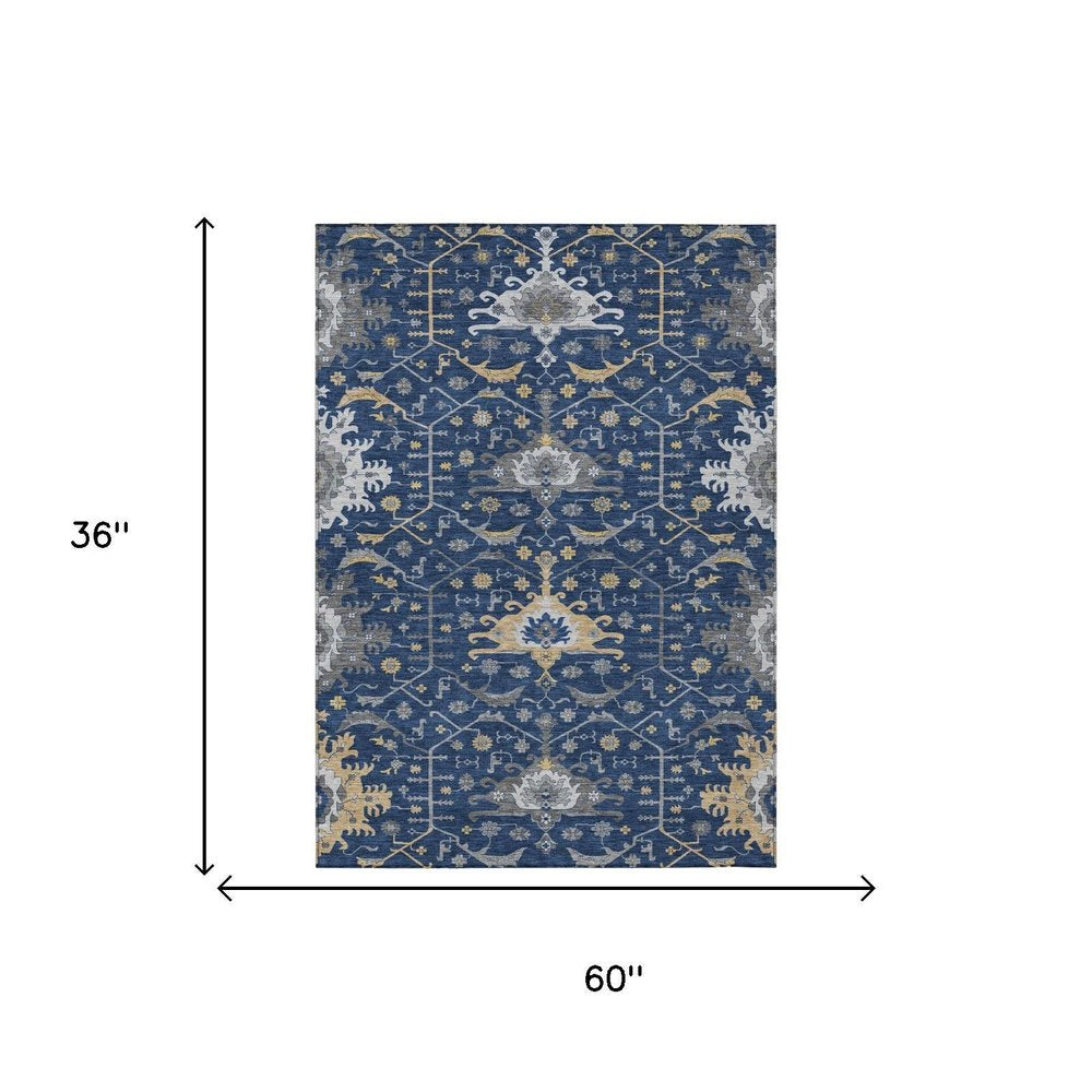 3' X 5' Navy Blue And Blue Oriental Washable Indoor Outdoor Area Rug HomeRoots