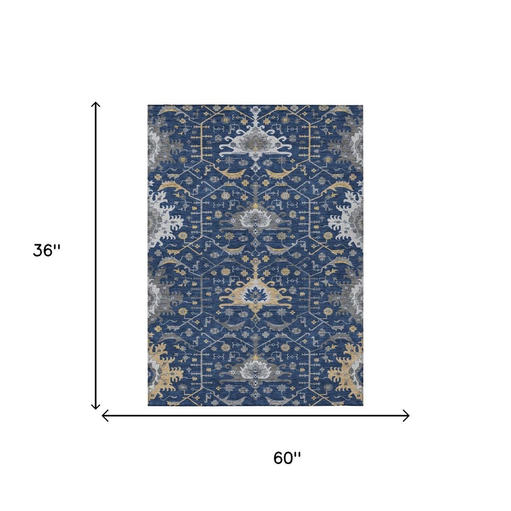3' X 5' Navy Blue And Blue Oriental Washable Indoor Outdoor Area Rug