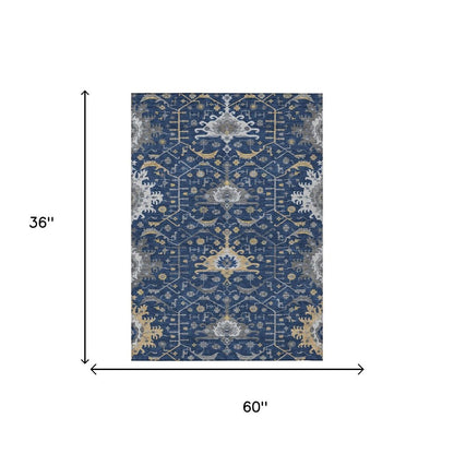 3' X 5' Navy Blue And Blue Oriental Washable Indoor Outdoor Area Rug