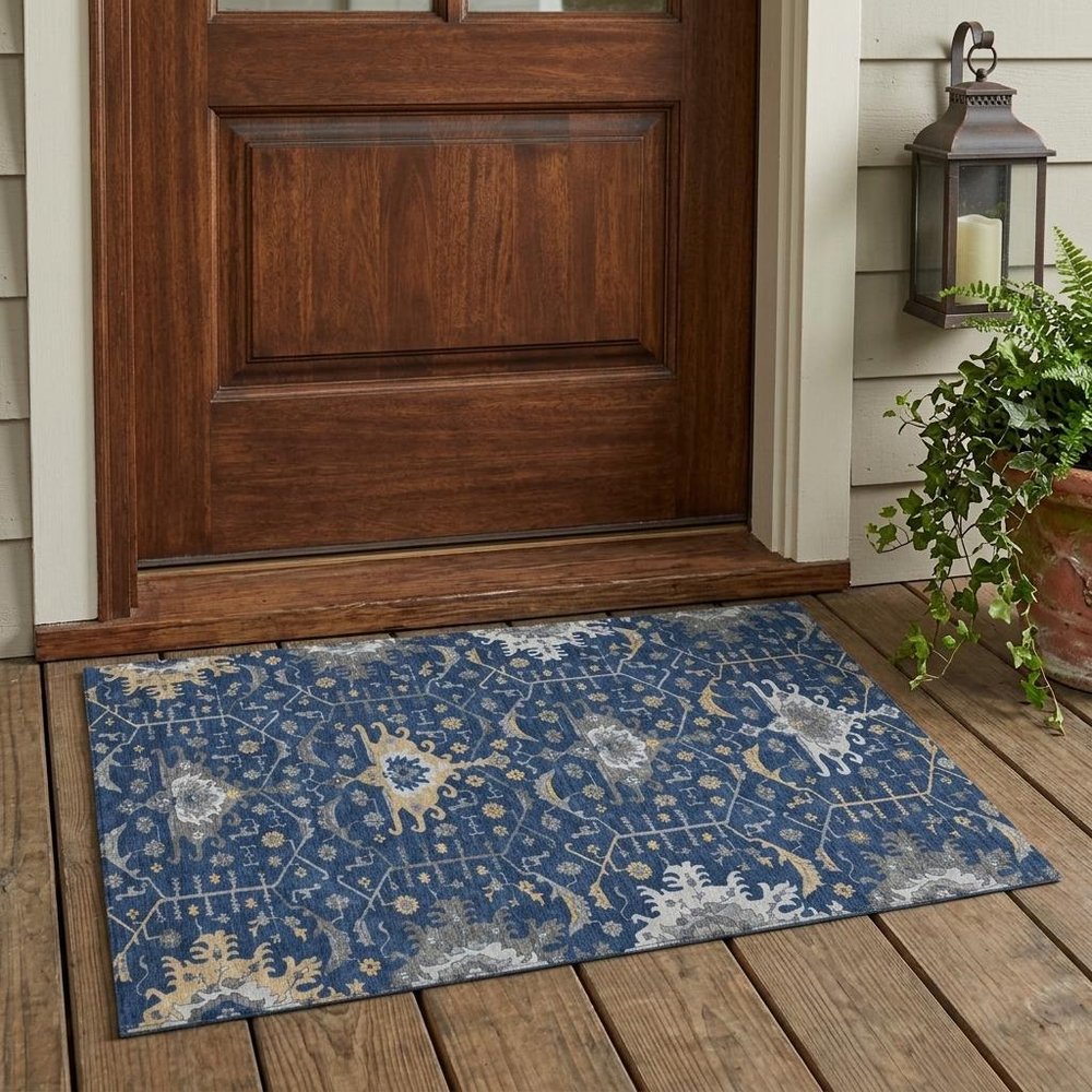 3' X 5' Navy Blue And Blue Oriental Washable Indoor Outdoor Area Rug HomeRoots