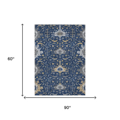 5' X 8' Navy Blue And Blue Oriental Washable Indoor Outdoor Area Rug HomeRoots