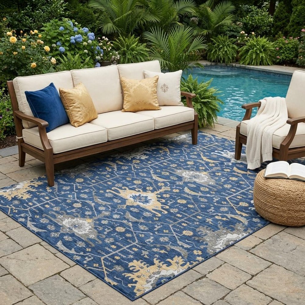 5' X 8' Navy Blue And Blue Oriental Washable Indoor Outdoor Area Rug HomeRoots